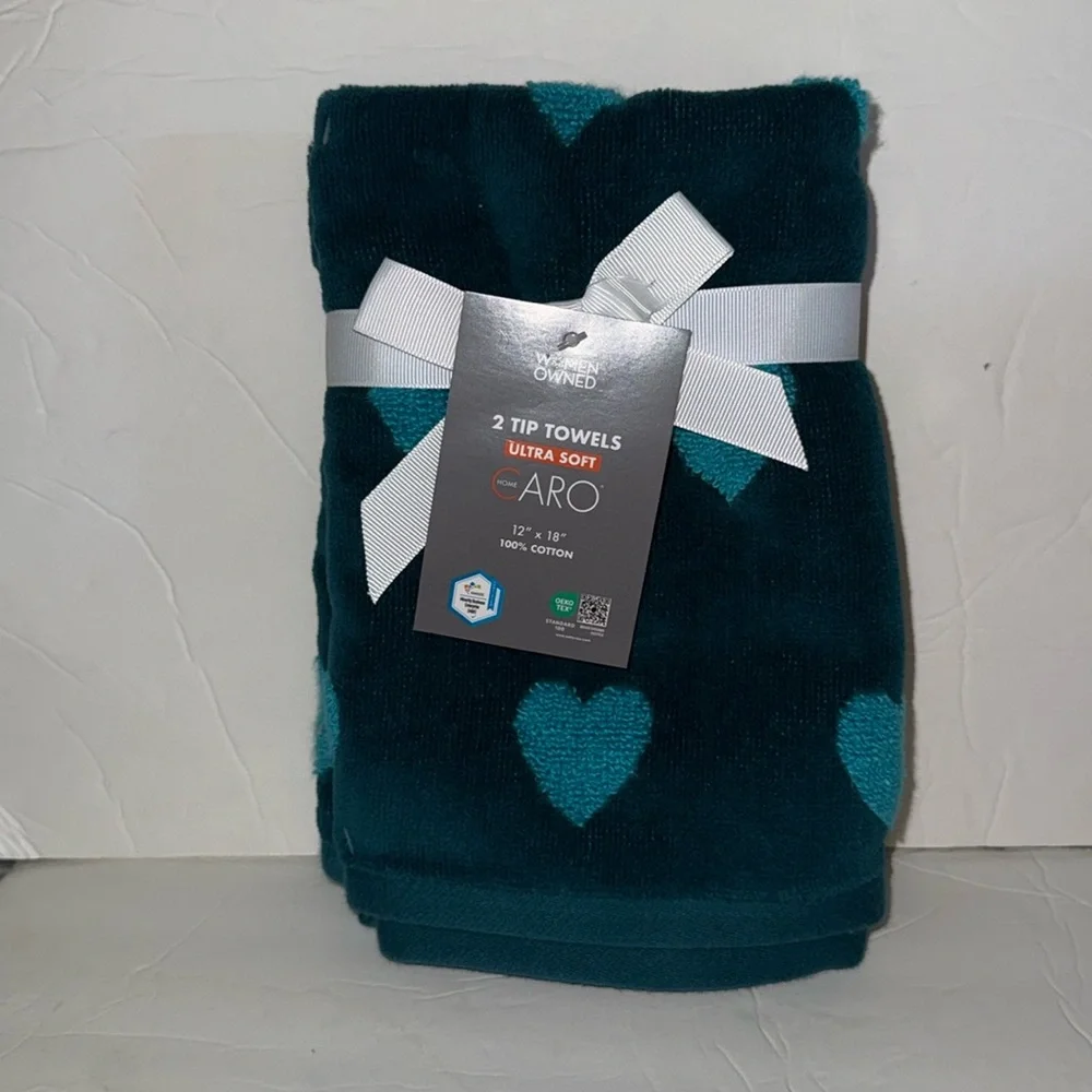 NWT Caro 6 Piece Ultra Soft Cotton Bath Towel Set Teal with Raised Hearts